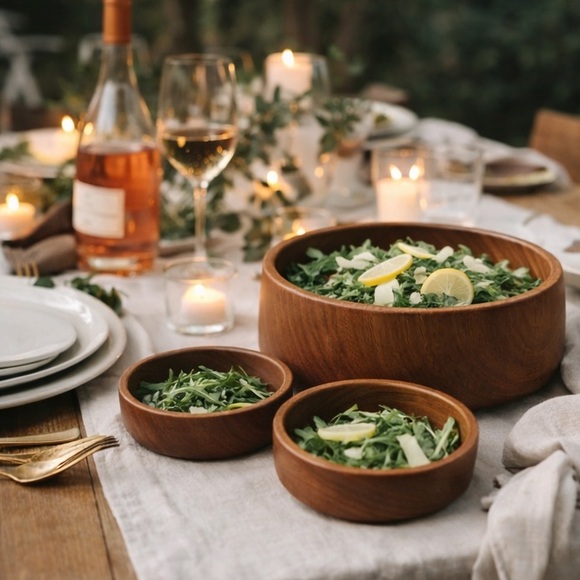 Other - Vintage Mid Century Teak Wood Salad Bowl Set Large 9” Serving Bowl Two 6” Bowls
